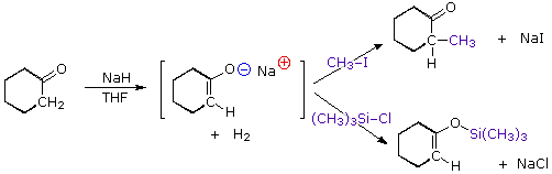 A reaction showing both C and O alkylated products