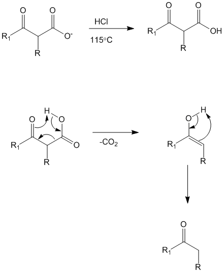 Under acidic conditions the carboxylic acid can loose one molecule of carbon dioxide to yield the alpha-alkyl ketone.