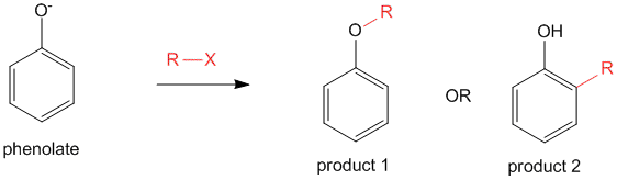 Reaction of phenolate with alkyl halide yields two possible products